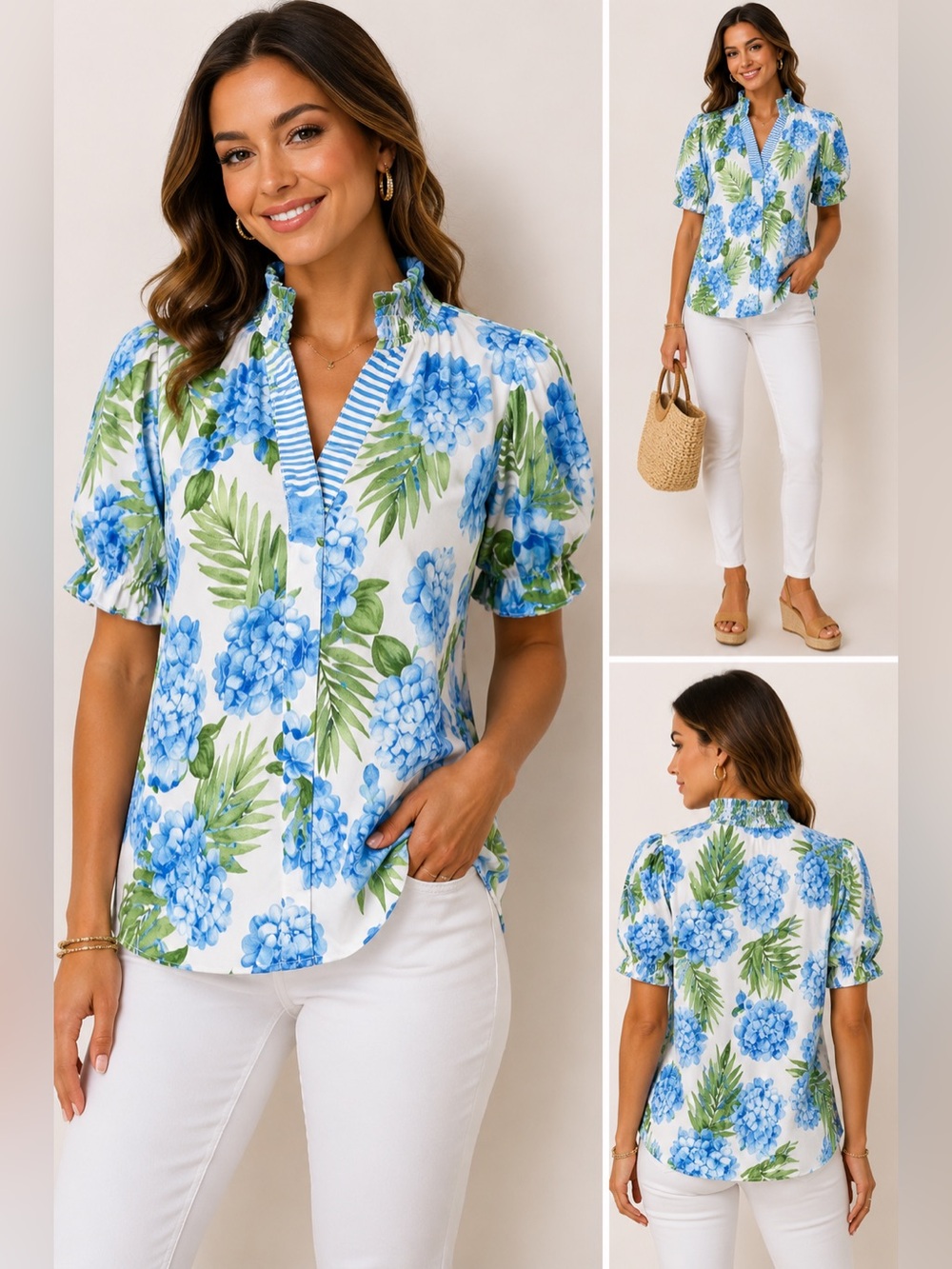 Blue Hydrangea Floral Puff Sleeve Blouse Small NWT Coastal